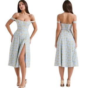 House of CB Saira Floral Lace-Up Corset Cocktail Dress in soft blue | Size M